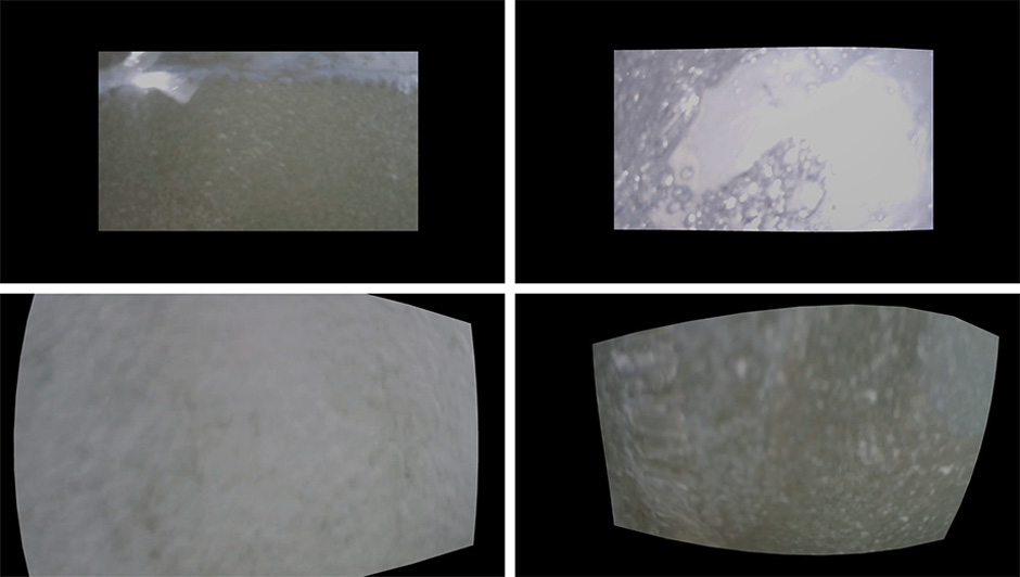 grid of four images showing video of water differently distorted by the wave's motion
