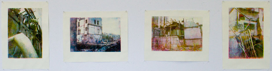 four xerox-transfer prints of installations in partially-demolished shanghai neighborhoods