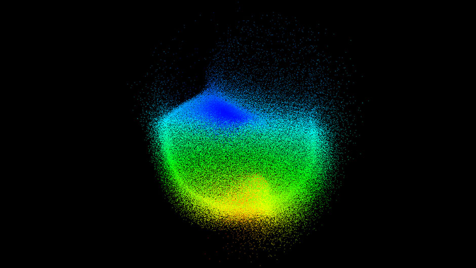 A distorted sphere composed of hundreds of thousands of colored particles.